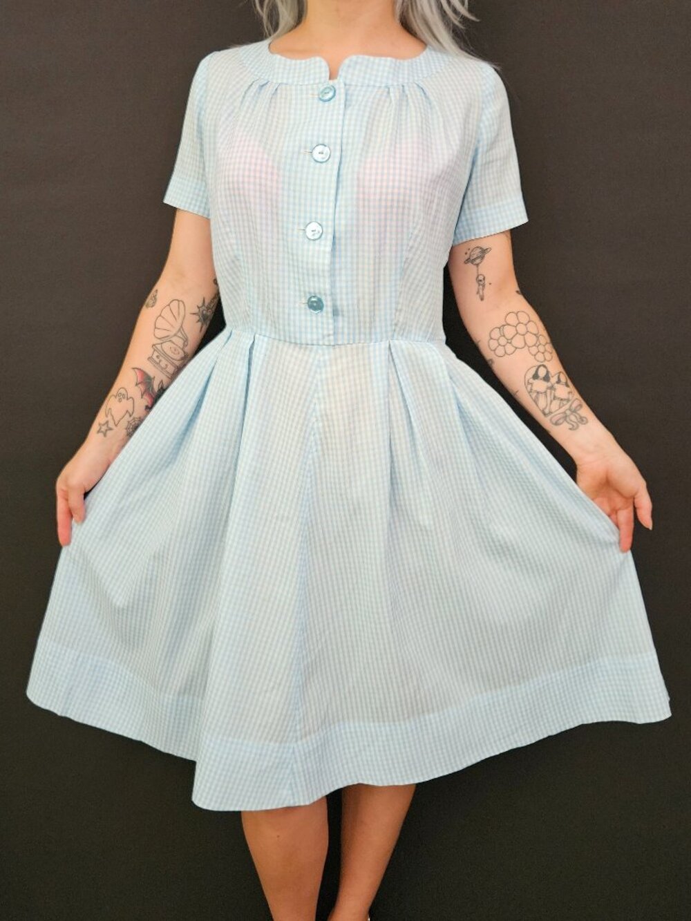 50s/60s Powder Blue Gingham Shirtwaist Dress